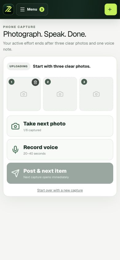 2ndChannel mobile capture screen showing photo slots, Take next photo, Record voice, and Post and next item controls.